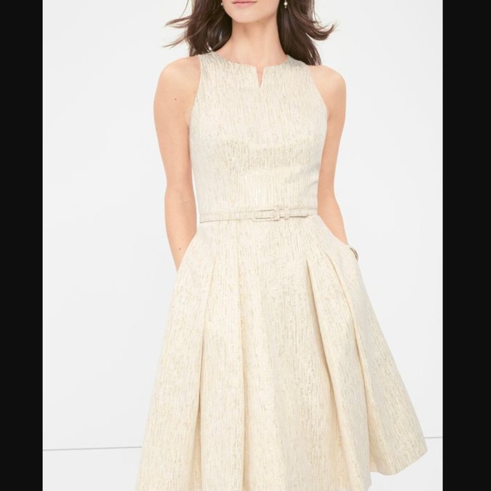 White House Black Market Light Gold A-Line Belted Dress Size 4